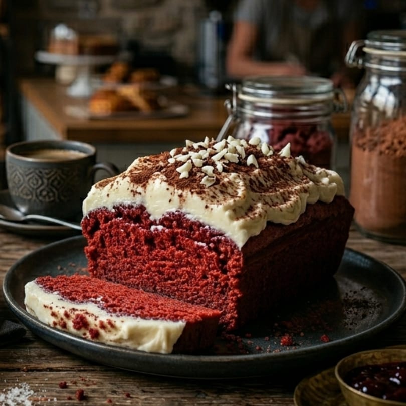 A red velvet loaf cake with cream cheese frosting, cocoa powder, and white chocolate chips.