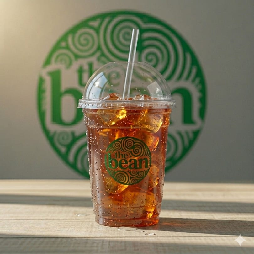 Iced tea in a clear plastic cup with a straw, condensation, and "the bean" logo on a wooden table.