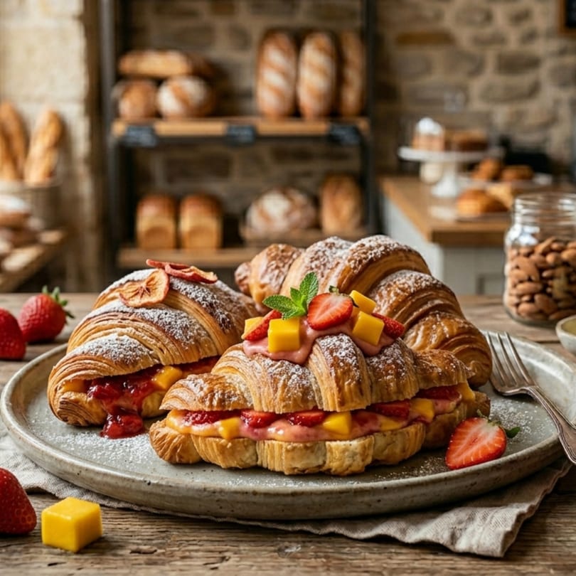 Three fruit-filled croissants dusted with powdered sugar on a plate, with a bakery in the background.