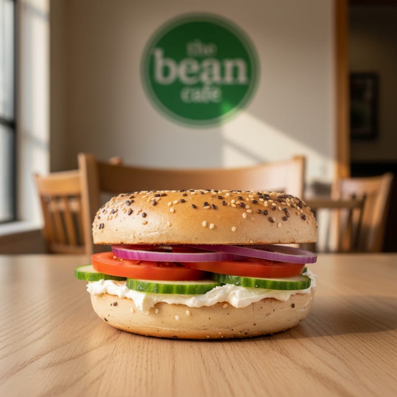 A bagel with cream cheese, cucumber, tomato, and red onion sits on a wooden table at The Bean Cafe.