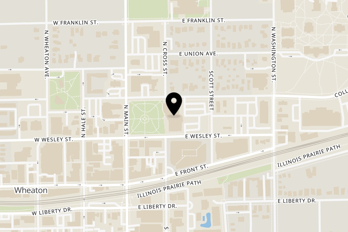 Map showing the location of The Bean Cafe on 225 North Cross Street in Wheaton